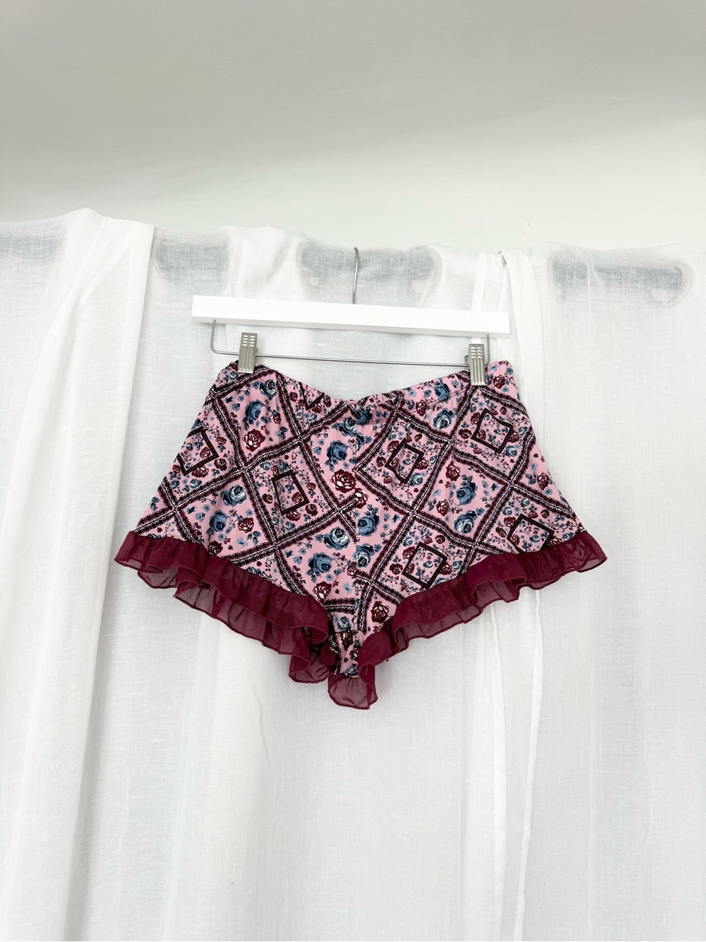 Jessica Simpson Pink Paisley Sleep Shorts with Burgundy Ruffle